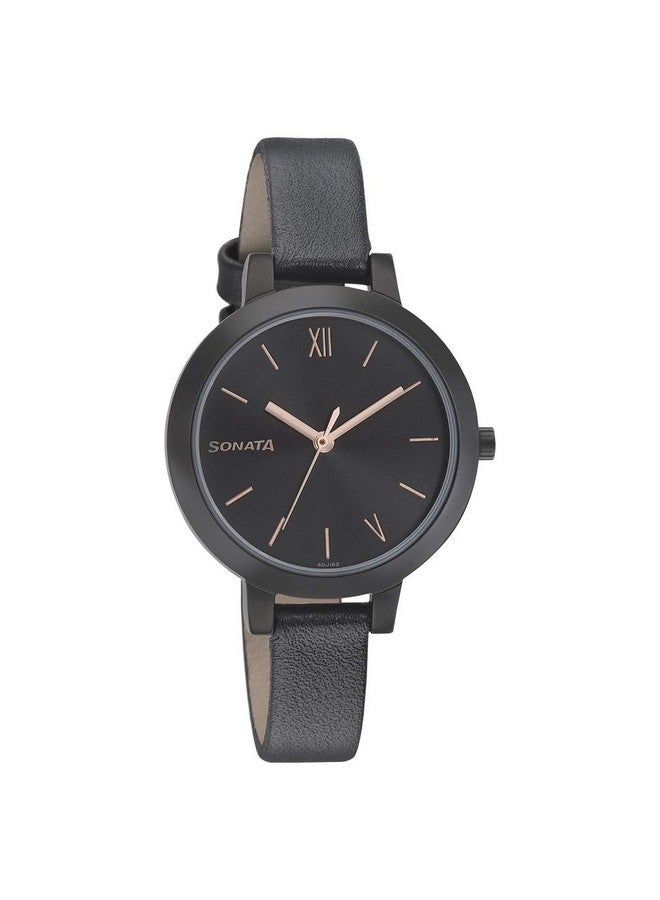 سوناتا ساعة سوناتا كوارتز أنالوج بمينا سوداء وحزام جلدي للنساء - NS8141NL02 - Image 1