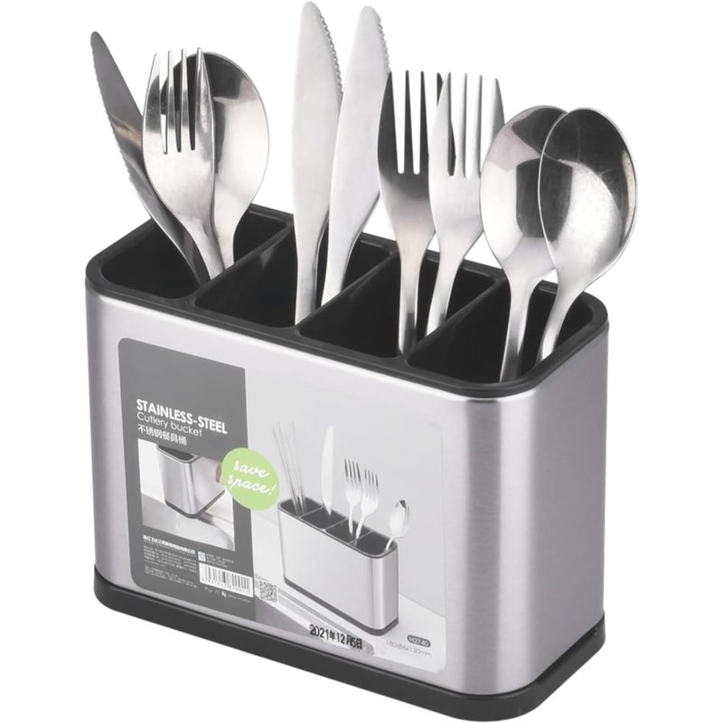 Stainless Steel Kitchen Utensil Holder – Countertop Cutlery Organizer – 4 Sections for Spoons, Forks, Spoons, Knives (4 Sections Silver)
