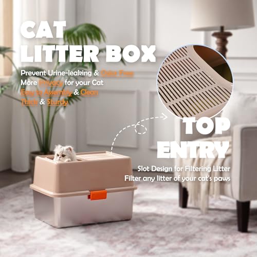 MEEXPAWS Stainless Steel Cat Litter Box Top Entry XL Large with Lid, 8'' High Side Metal Cat Litter Box for Big Cats, Top Cover with Slot, Non-Stick, Easy Clean, Include Litter Scoop - Image 2