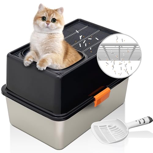 MEEXPAWS Stainless Steel Cat Litter Box Top Entry XL Large with Lid, 8'' High Side Metal Cat Litter Box for Big Cats, Top Cover with Slot, Non-Stick, Easy Clean, Include Litter Scoop - Image 1