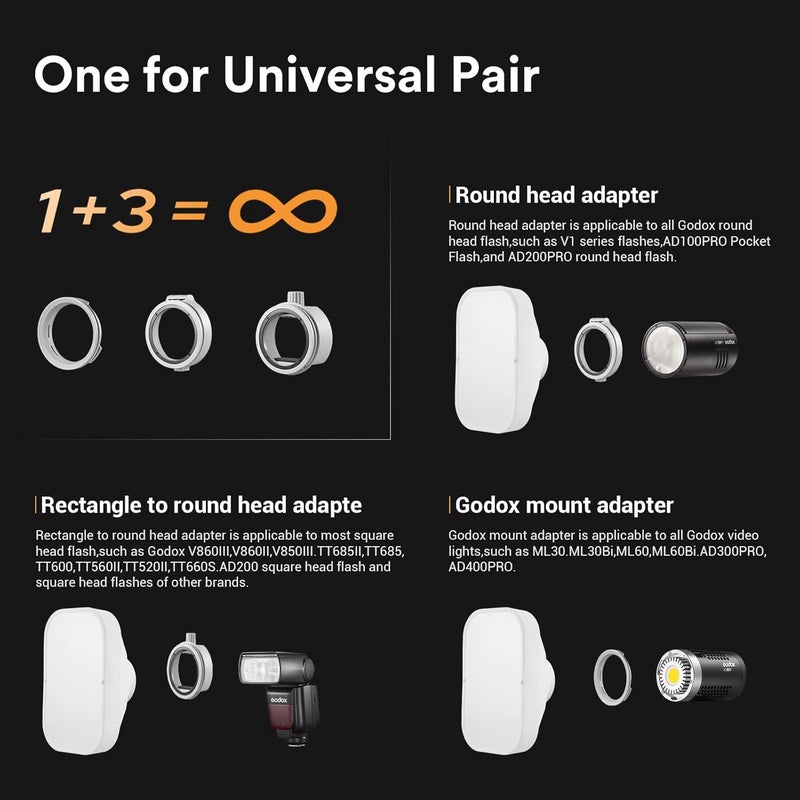 Godox طقم خيمة ناعمة ML-CS1625 مع 3 محولات لـ V1 V1S V1C V1N AD100PRO V860II V860II V850II TT685II TT685 TT600 TT560II TT520II TT660S AD200 ML30 ML30Bi ML60 ML60Bi AD300PRO AD400PRO - Image 3