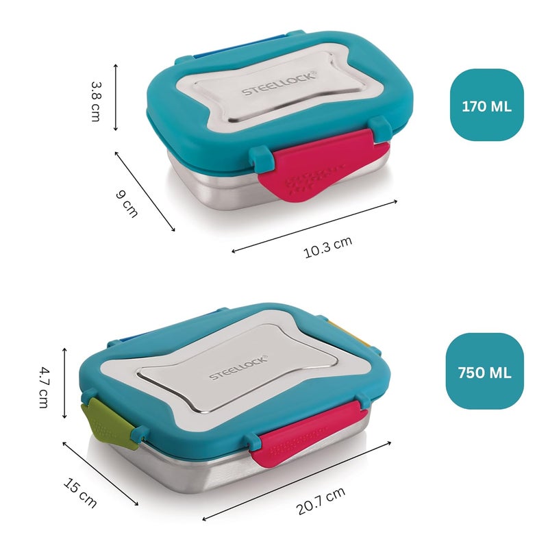 STEELLOCK Smart Stainless Steel Tiffin Lunch Box for School and Office 2pc Set Airtight Leakproof Rectangle 1pc 750ml 1pc 170ml Romeo - Image 5