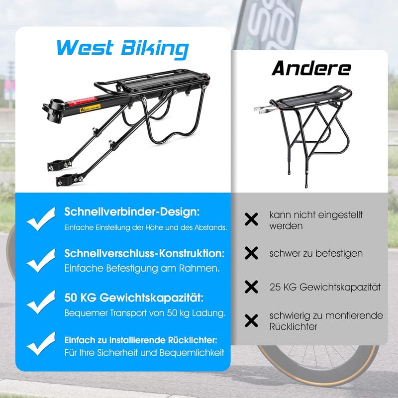 West Biking Adjustable Mountain Bike Pannier Rack - Sturdy Aluminum Cargo Carrier with Reflector, 50 kg Load Capacity - Image 4