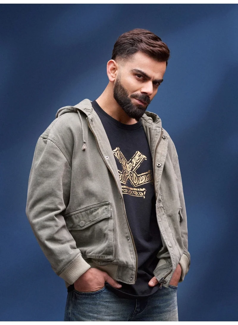 Wrogn men's casual oversized crop fit front zipper hooded jacket | Olive