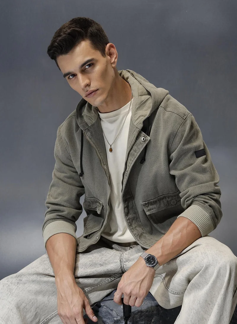 Wrogn men's casual oversized crop fit front zipper hooded jacket | Olive