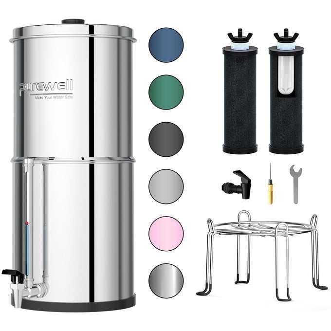 3STAGE 001M ULTRAFILTRATION GRAVITY WATER FILTER SYSTEM 304 STAINLESS STEEL COUNTERTOP SYSTEM WITH 2 FILTERS METAL WATER LEVEL SPIGOT AND STAND REDUCE 99 CHLORINE 225G PWOBK