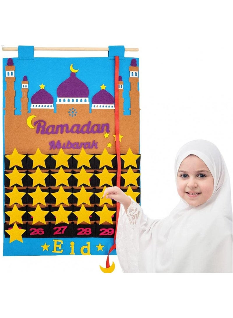 TLAXCA Felt Ramadan Advent Calendar, Eid Calendar Countdown Calendar Eid Mubarak Hanging Felt for Kids Eid Gifts Home Wall Hanging Ramadan Decorations Ornaments with 30 Reusable Stars  - Image 1