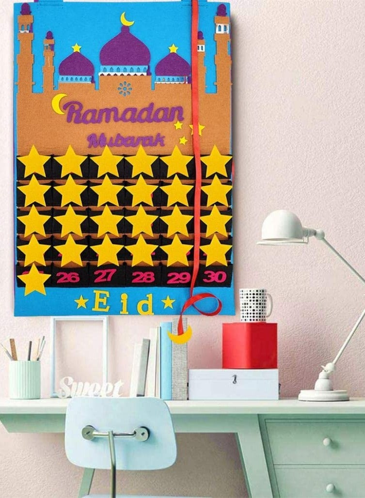 TLAXCA Felt Ramadan Advent Calendar, Eid Calendar Countdown Calendar Eid Mubarak Hanging Felt for Kids Eid Gifts Home Wall Hanging Ramadan Decorations Ornaments with 30 Reusable Stars  - Image 2