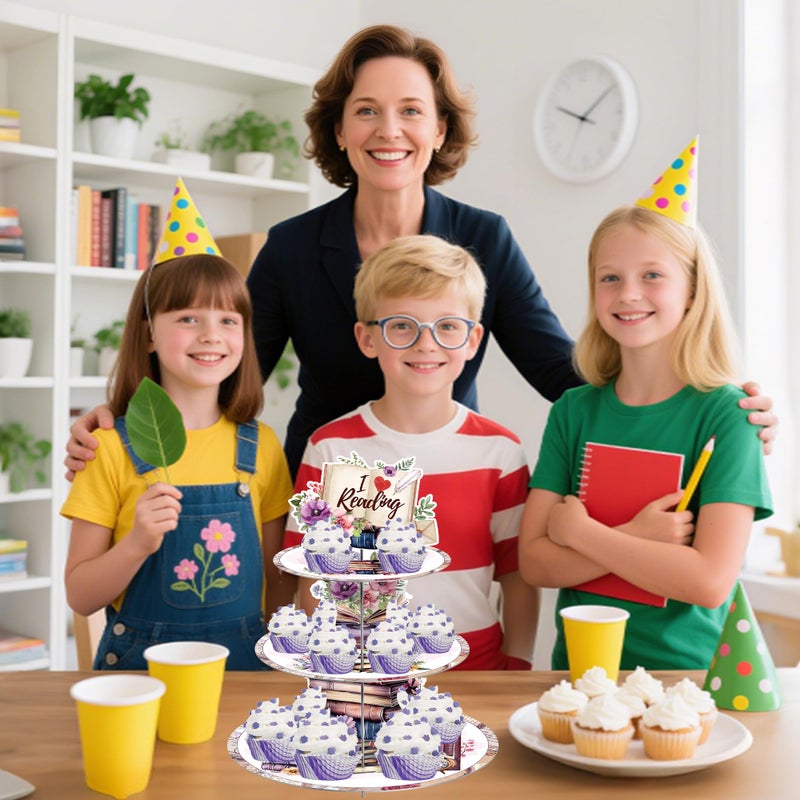 EoBeCy Book Themed Party Decorations Cupcake Stand, 3 Tier Watercolor Floral Book Stack Cardboard Cupcake Display Stand Dessert Tower, Reading Lover Birthday Library Party Supplies - Image 5