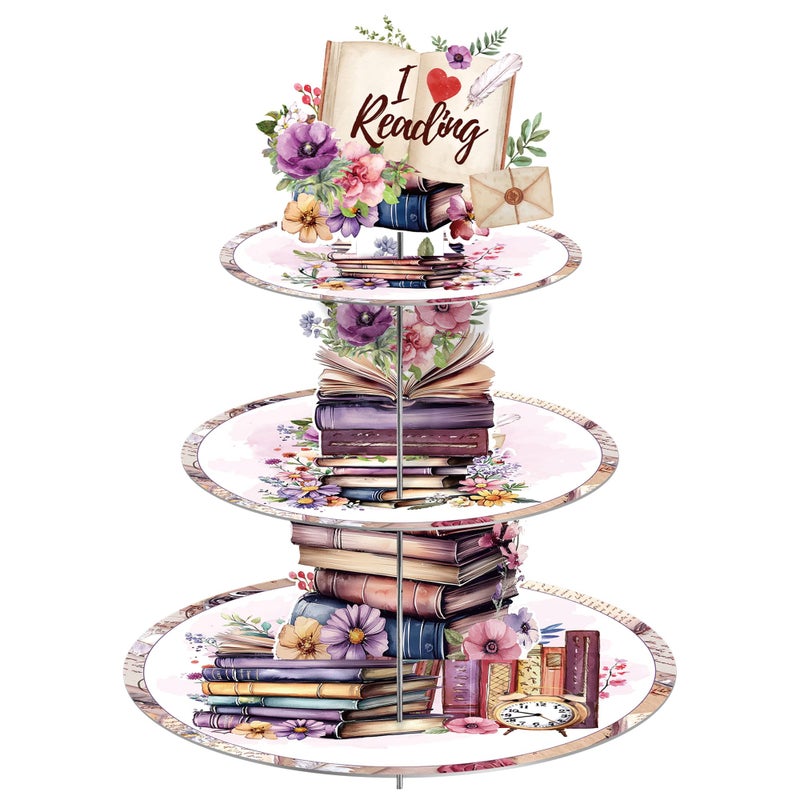 EoBeCy Book Themed Party Decorations Cupcake Stand, 3 Tier Watercolor Floral Book Stack Cardboard Cupcake Display Stand Dessert Tower, Reading Lover Birthday Library Party Supplies - Image 1