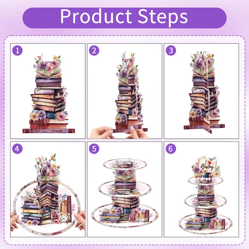 EoBeCy Book Themed Party Decorations Cupcake Stand, 3 Tier Watercolor Floral Book Stack Cardboard Cupcake Display Stand Dessert Tower, Reading Lover Birthday Library Party Supplies - Image 4