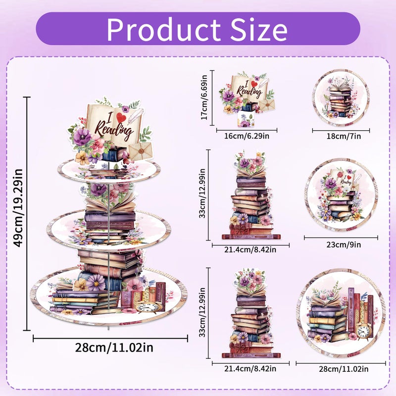 EoBeCy Book Themed Party Decorations Cupcake Stand, 3 Tier Watercolor Floral Book Stack Cardboard Cupcake Display Stand Dessert Tower, Reading Lover Birthday Library Party Supplies - Image 2