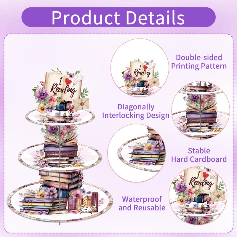 EoBeCy Book Themed Party Decorations Cupcake Stand, 3 Tier Watercolor Floral Book Stack Cardboard Cupcake Display Stand Dessert Tower, Reading Lover Birthday Library Party Supplies - Image 3