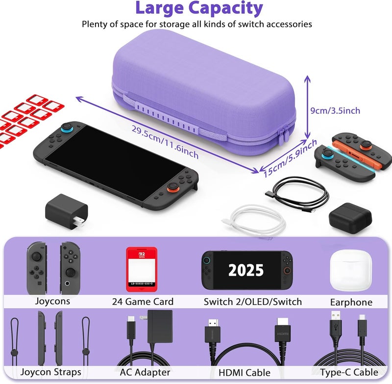 TIKOdirect Carrying Case for Nintendo Switch 2 (2025) & Switch OLED 2021 & Switch 2017, Travel Hard Shell Portable Bag Fit for Joycon & Adapter, Protective Case with 24 Game Card Slots, Purple - Image 5