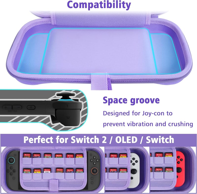 TIKOdirect Carrying Case for Nintendo Switch 2 (2025) & Switch OLED 2021 & Switch 2017, Travel Hard Shell Portable Bag Fit for Joycon & Adapter, Protective Case with 24 Game Card Slots, Purple - Image 4