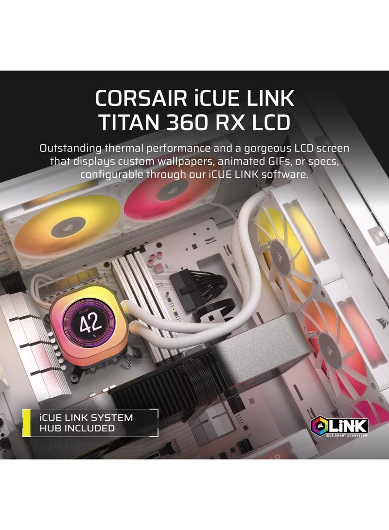 كورسير مبرد وحدة المعالجة المركزية السائل iCUE Link TITAN 360 RX LCD، رادياتير 360 مم، إضاءة RGB عالية الأداء، 3 مراوح 120 مم، تحكم ذكي iCUE، متوافق مع مقابس إنتل وAMD، تقنية تبريد متقدمة لكسر السرعة، CW-9061026-WW - Image 2