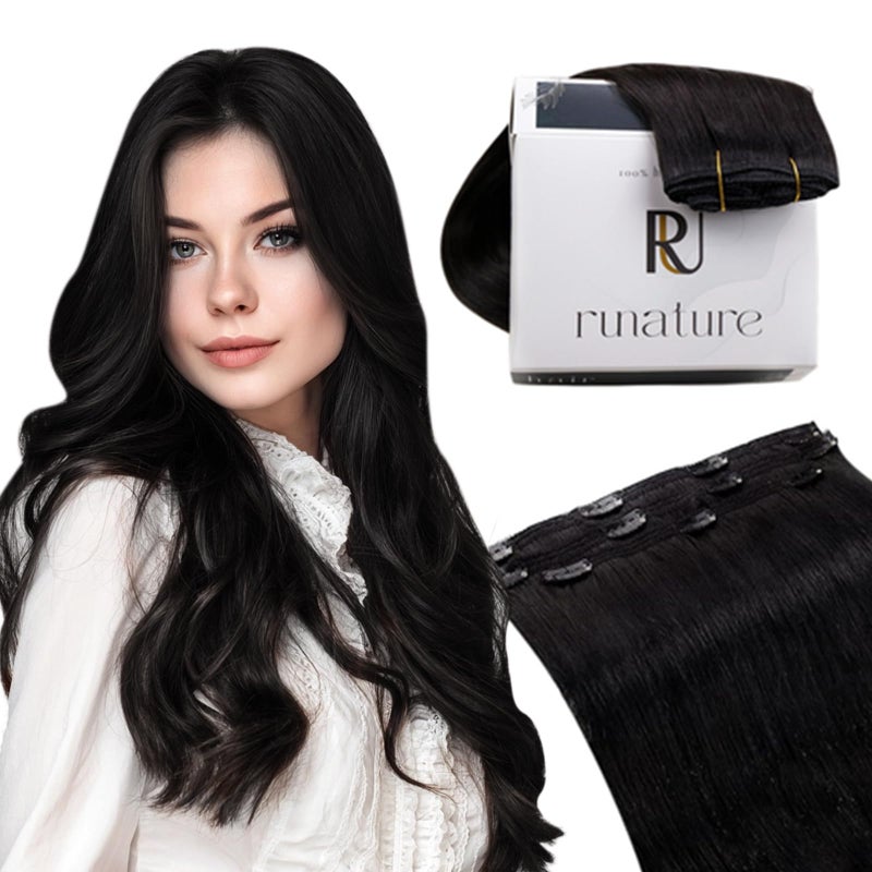 RUNATURE Black Clip in Hair Extensions, Real Hair Extensions Clip Ins, Long Human Hair Clip in Extensions, Remy Soft Hair, Natural Looking, 20 Inch 50g 3pcs #1B Off Black - Image 1