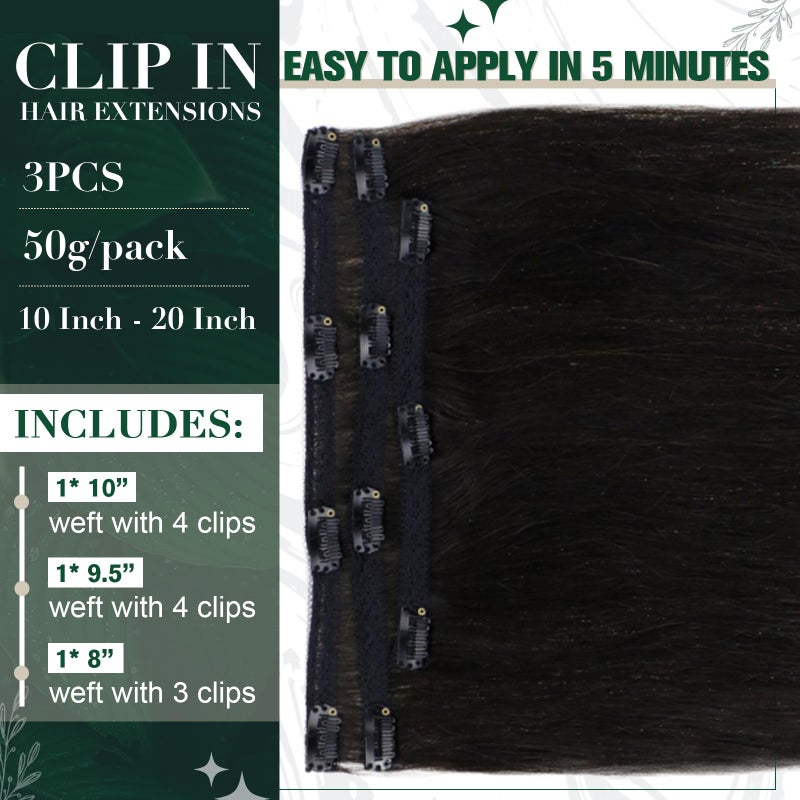 RUNATURE Black Clip in Hair Extensions, Real Hair Extensions Clip Ins, Long Human Hair Clip in Extensions, Remy Soft Hair, Natural Looking, 20 Inch 50g 3pcs #1B Off Black - Image 3