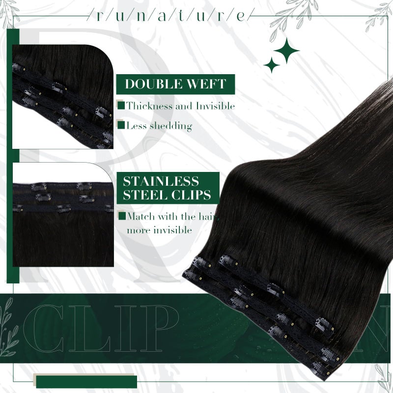 RUNATURE Black Clip in Hair Extensions, Real Hair Extensions Clip Ins, Long Human Hair Clip in Extensions, Remy Soft Hair, Natural Looking, 20 Inch 50g 3pcs #1B Off Black - Image 2