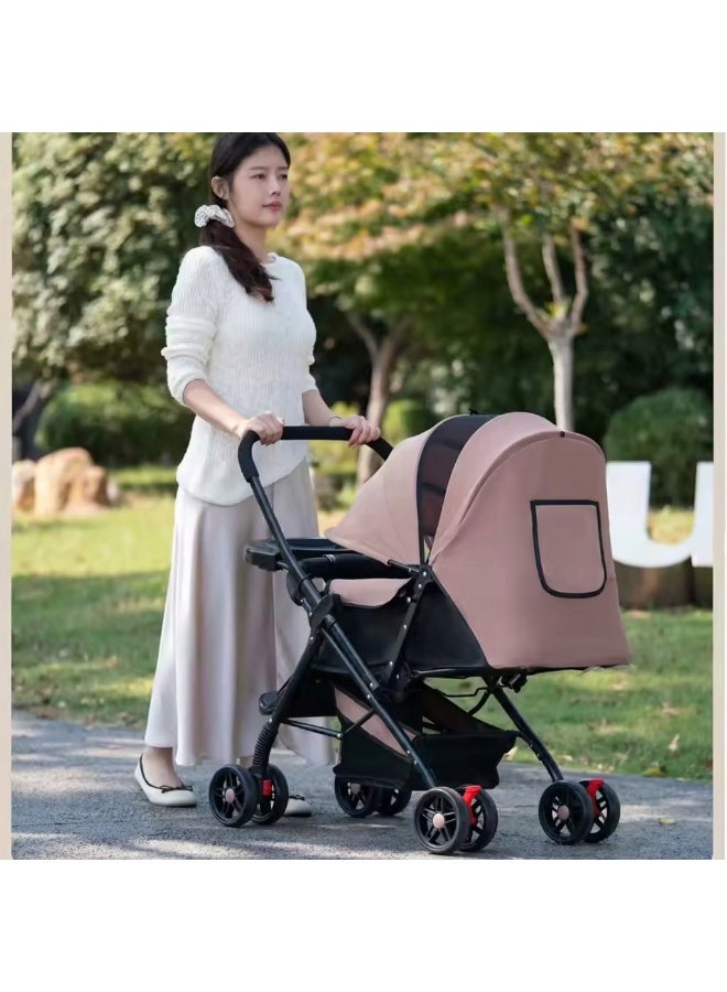 عربة أطفال قابلة للدفع في اتجاهين وقابلة للتعديل وقابلة للطي وعربة أطفال مع مقابض وحزام أمان وسلة تخزين اللون بيج TXE-07-03 - Image 2