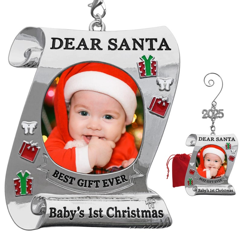 BANBERRY DESIGNS Babys First Christmas Keepsake Photo Ornament  2025 Dated Ornament for Newborn  Dear Santa Picture Holder  Baby 1st  GiftStorage Bag Included