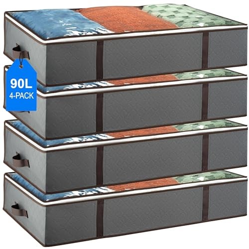 Masirs Underbed Storage Bags 4-Pack - Foldable Under Bed Storage Organizer for Clothes, Bedroom Blankets, Comforter, Pillows, Linen Sheets, Towels, Sweaters, Shoe Drawers - Ideal for College Dorms (Grey) - Image 1