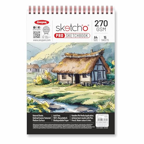 Anupam Sketch-O Pro Sketchbook A4 | 15 Sheets | 270 GSM | Durable, Acid-Free Paper | Top Spiral-Bound for Markers, Pencils, Charcoal & Inks - Image 1