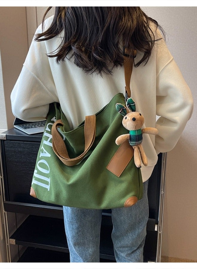 Canvas Tote Bag Large Capacity Single Shoulder Cross-Body Multi-Layer Fashion Handbag For Women Green  - Image 4