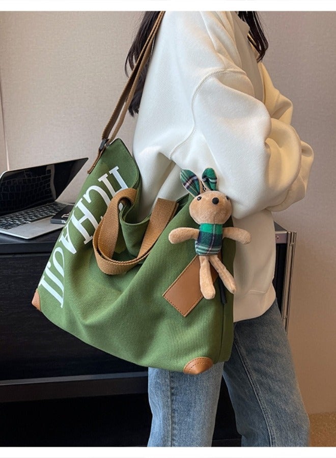 Canvas Tote Bag Large Capacity Single Shoulder Cross-Body Multi-Layer Fashion Handbag For Women Green  - Image 3