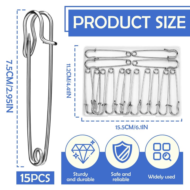 Ftyiwu Large Safety Pins, 15 Pack Heavy Duty Safety Pins 3 Inch, Stainless Steel Safety Pin for Clothes, Blankets, Laundry, Leather Canvas, DIY Crafts - Image 2