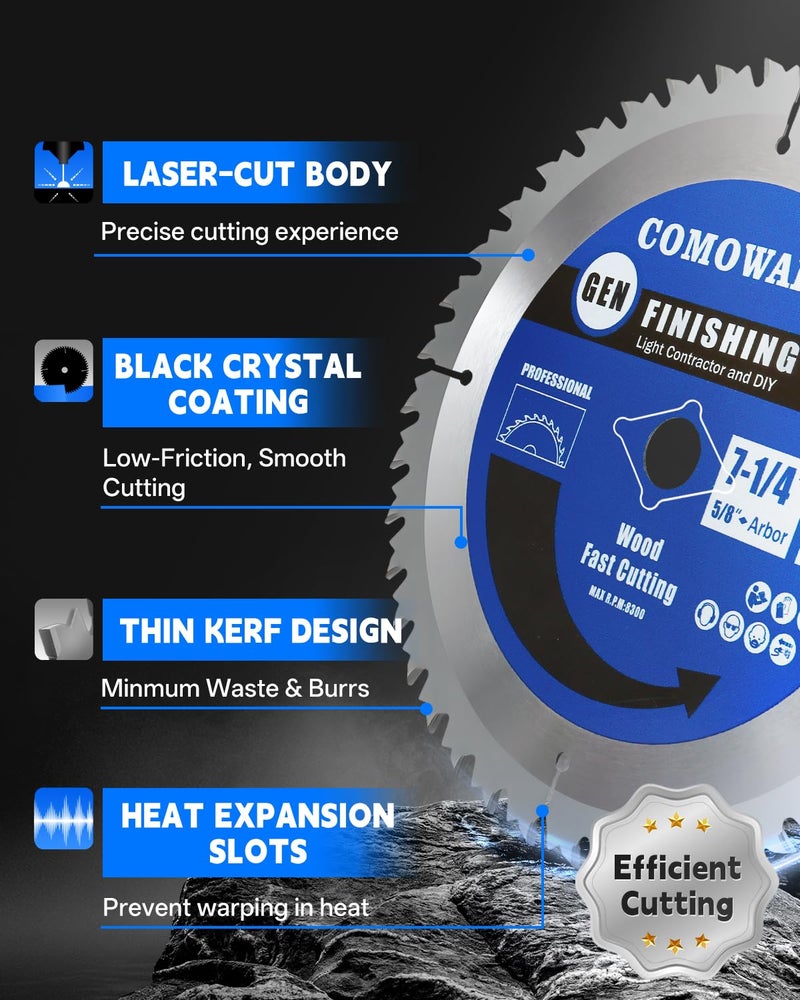 COMOWARE 7 1/4“ Circular Saw Blade, 40T ATB Circular Saw Blade, 5/8" Arbor, TCT Carbide-Tipped, Anti-Vibration, Teflon Anti-Stick, Miter Saws Blades for Wood, Laminate, Plywood & Hardwoods - Image 4