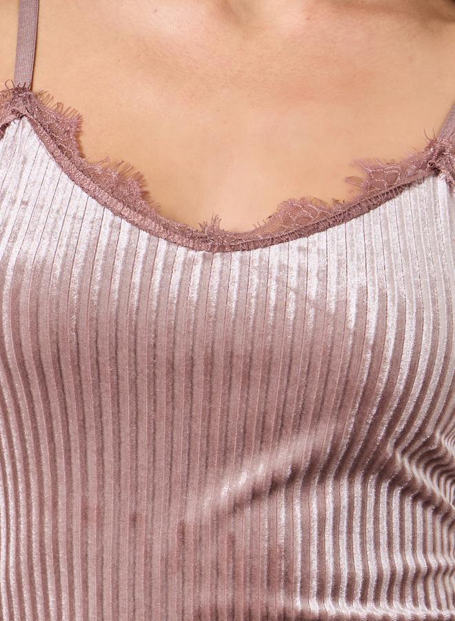 Styli Stripe Textured Velvet Lace Trim Slip Dress - Image 3