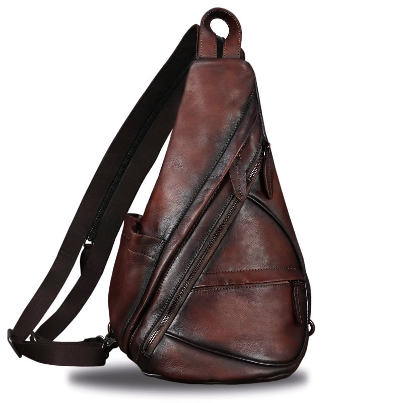 Genuine Leather Sling Bag for Men and Women Vintage Sling Backpack Shoulder Crossbody Bag Chest Bag for Ipad LightCoffee