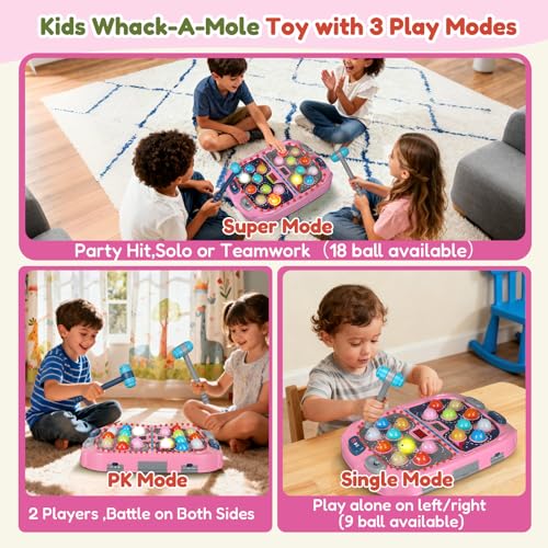 TooLion 2Player Whack Game Mole Toys for Age 312 Kids2 Hammers3 Modes with Sound LightSafe Educational Pounding ToyBirthday for 3 4 5 6 Year Old Boys GirlsPink - Image 5
