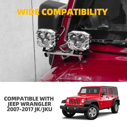 NKCELL POWER JK A-Pillar Windshield Hinge Mounting Dual Light Brackets for 2007-2017 Wrangler JK, CNC Aluminum Alloy Bracket for Truck LED Fog Light Ditch Work Driving Lights(2-PCS, Silver) - Image 2