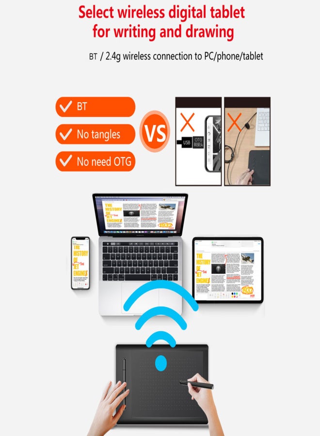 WP9622 Wireless Graphics Drawing Tablet 8192 Pressure-Sensitivity 5 Customizable Hot Keys 8'' Digital Pen Drawing Board for PC/Phone/Tablet Online Teaching Painting BT&2.4G Wireless Connection - Image 3