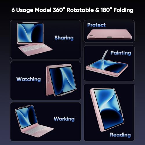 doqo Keyboard case for iPad Air 13 inch (M4/M3/M2),iPad Pro 13 (M5/M4),iPad Pro 12.9"(6th/5th/4th/3rd Gen) Case with Keyboard 360° Rotatable with Trackpad 7 Color Backlit Pencil Holder Rose - Image 4