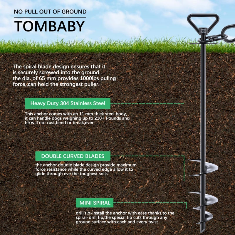 TOMBABY Heavy Duty Dog Tie Out Stake 304 Stainless Steel Dog Runner, Ground Anchor with 360Â° Swivel & Anti-Tangle,Use Any for to 210LBS Dogs- Dog Stakes for Outside Camping, Suitable for Any Dog Cable - Image 4