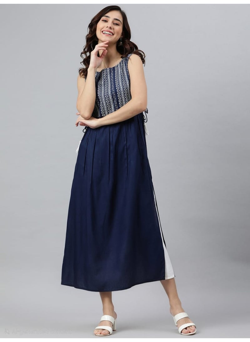 IndHeritage Premium cotton office / casual dress - Dark blue dress for women with white prints on chest area - Image 1