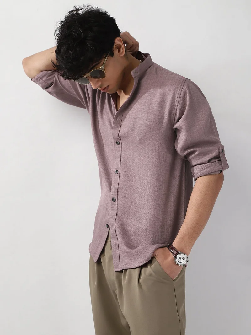 Urbano Fashion  Urbano Fashion Men's Purple Linen Blend Full Sleeve Relaxed Fit Mandarin Collar Casual Solid Shirt for Men | Best Price UAE