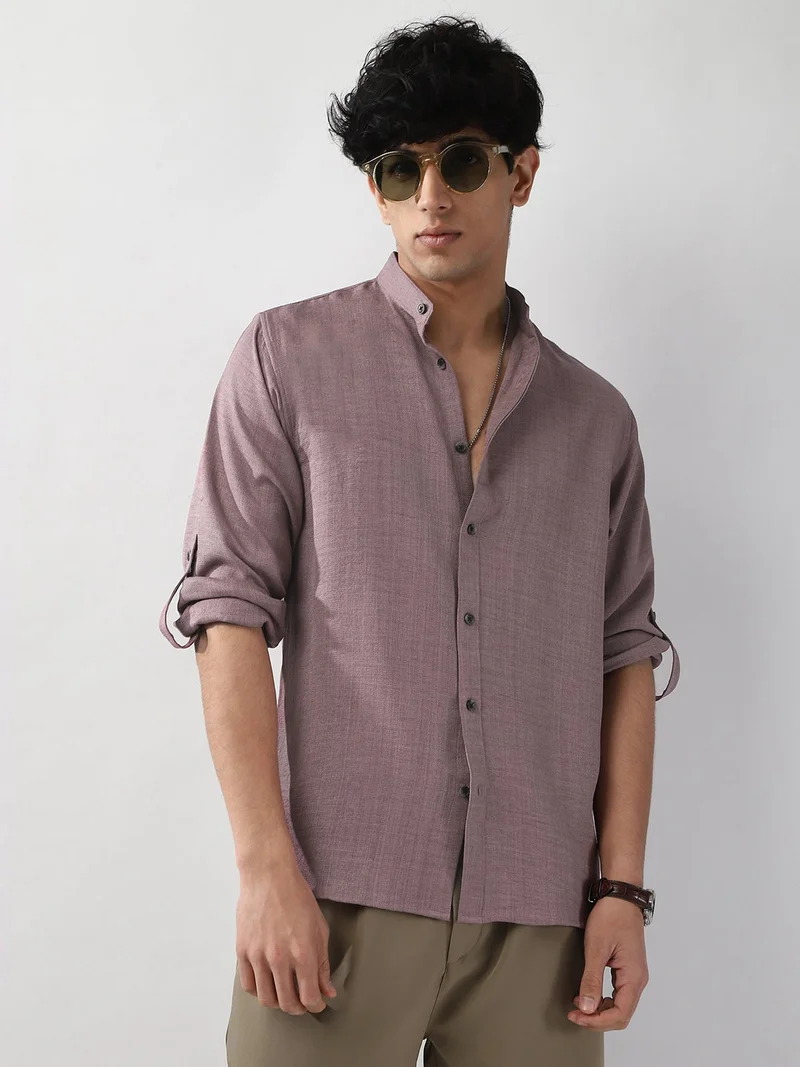 Urbano Fashion Men's Purple Linen Blend Full Sleeve Relaxed Fit Mandarin Collar Casual Solid Shirt
