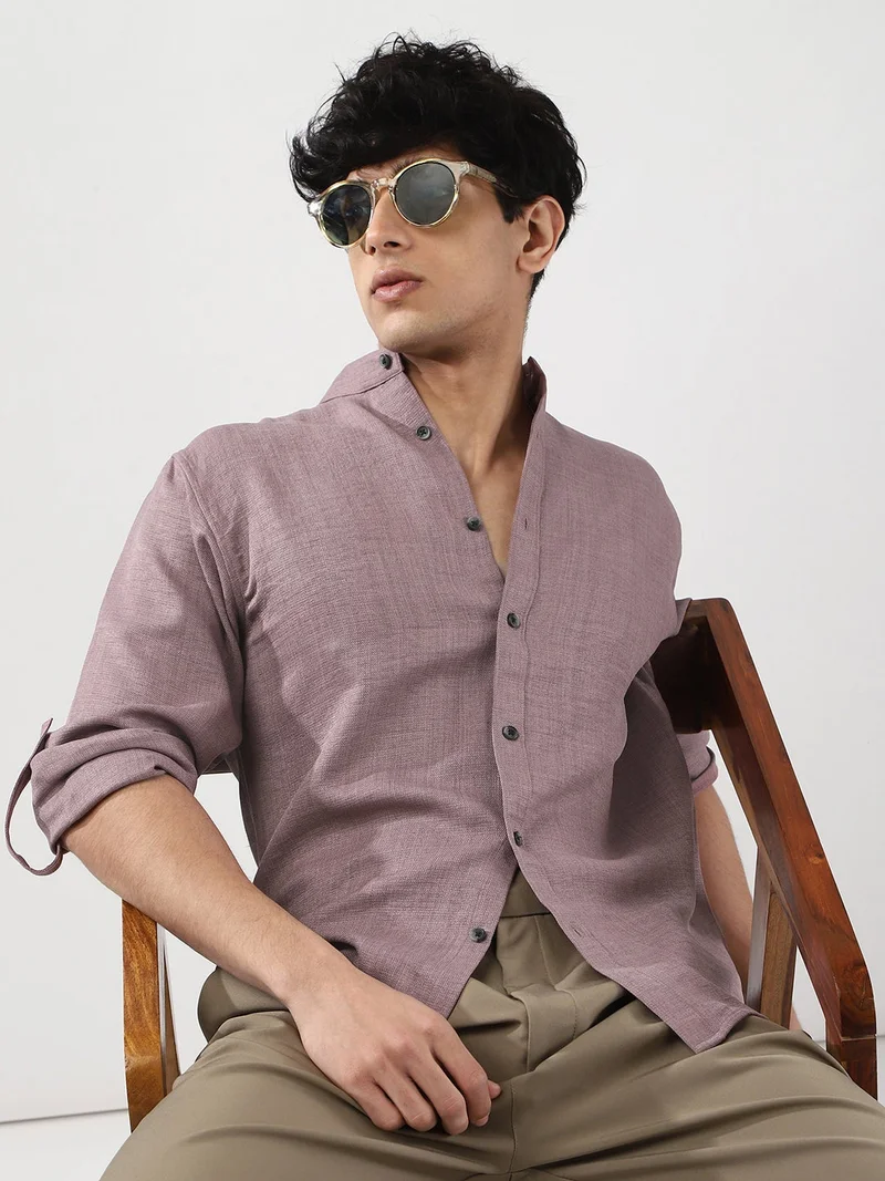 Urbano Fashion  Urbano Fashion Men's Purple Linen Blend Full Sleeve Relaxed Fit Mandarin Collar Casual Solid Shirt for Men | Best Price UAE