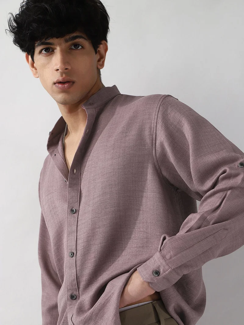 Urbano Fashion  Urbano Fashion Men's Purple Linen Blend Full Sleeve Relaxed Fit Mandarin Collar Casual Solid Shirt for Men | Best Price UAE