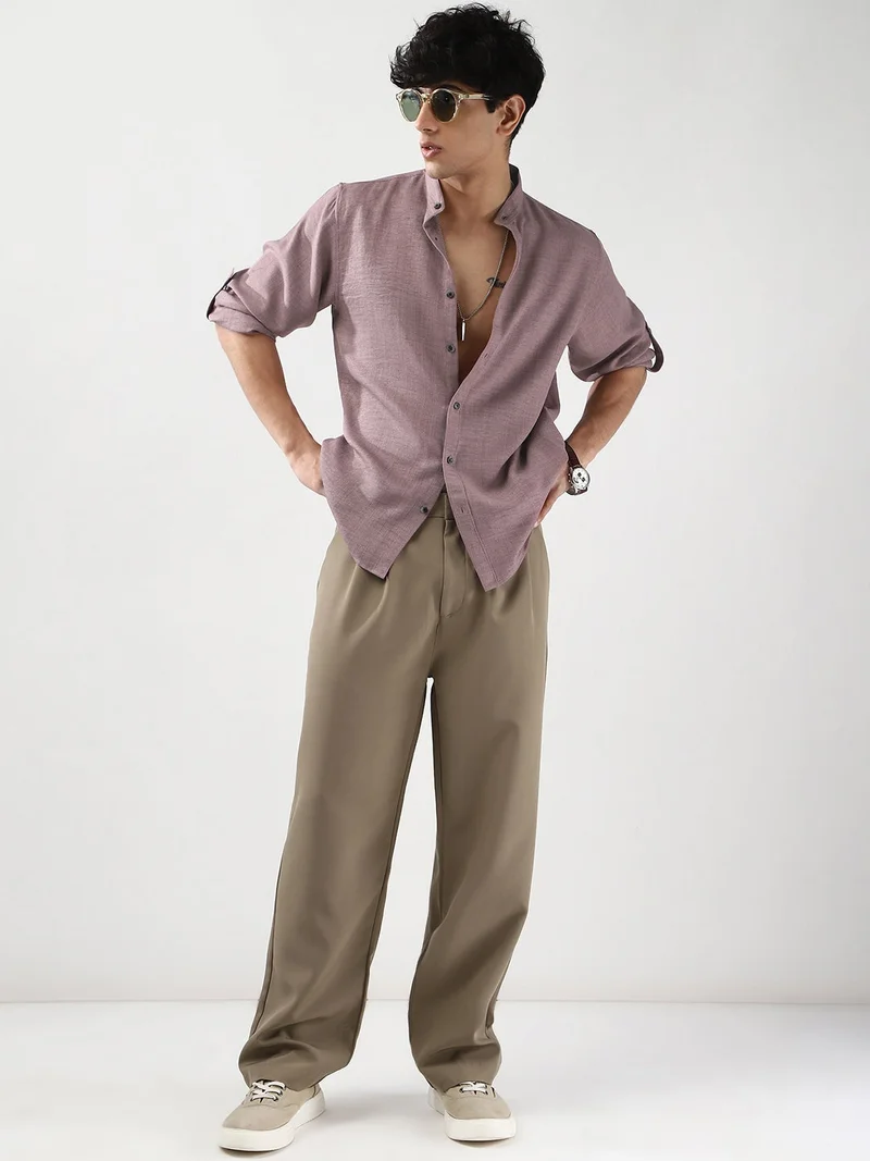 Urbano Fashion  Urbano Fashion Men's Purple Linen Blend Full Sleeve Relaxed Fit Mandarin Collar Casual Solid Shirt for Men | Best Price UAE