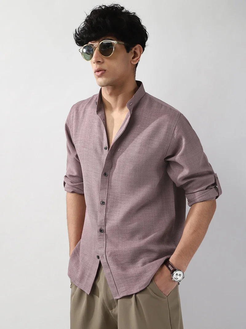 Urbano Fashion  Urbano Fashion Men's Purple Linen Blend Full Sleeve Relaxed Fit Mandarin Collar Casual Solid Shirt for Men | Best Price UAE