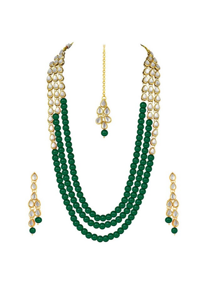 Aheli - Classy Bollywood Party Wedding Kundan And Maroon Colour Beads Necklace Earrings With Maang Tikka Set Indian Traditional Ethnic Fashion Jewelry For Women - Image 1