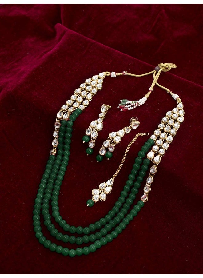 Aheli - Classy Bollywood Party Wedding Kundan And Maroon Colour Beads Necklace Earrings With Maang Tikka Set Indian Traditional Ethnic Fashion Jewelry For Women - Image 1