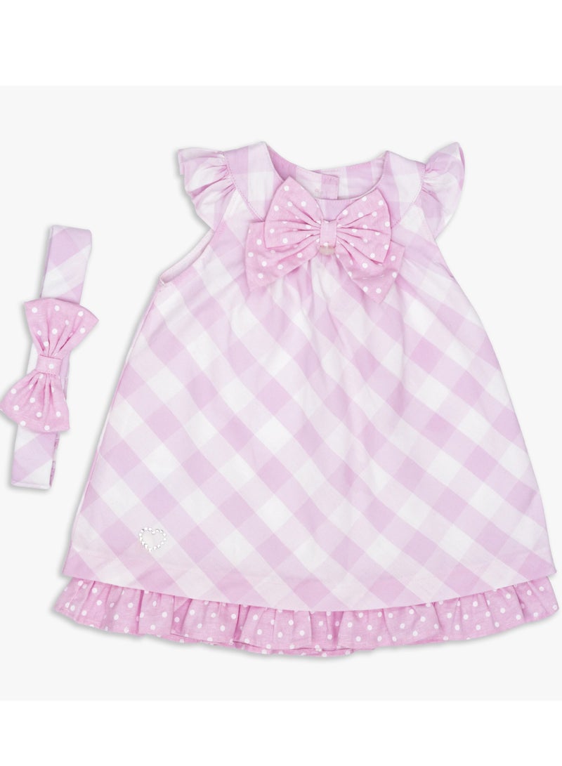 MOON 100% Cotton Dress With Headband 3-6MPink - Pink Gingham - Image 1