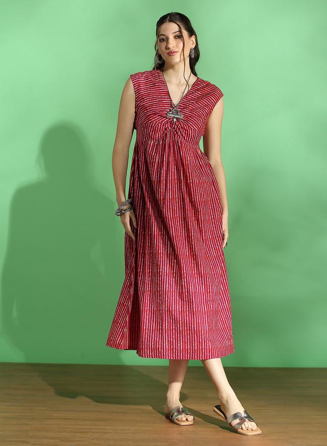 جلو باص فستان ميدي مخطط بنمط لف - Image 1