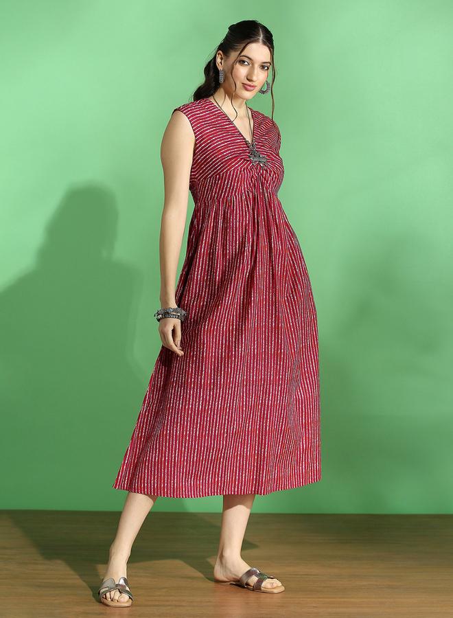 جلو باص فستان ميدي مخطط بنمط لف - Image 2